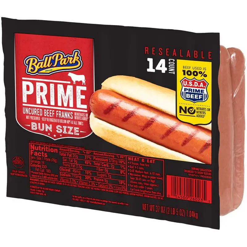 Ball Park Prime Beef Hot Dogs, Bun Size Length, 14 Count ...