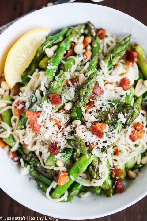 Pasta with Asparagus Pancetta and Pine Nuts (Gluten